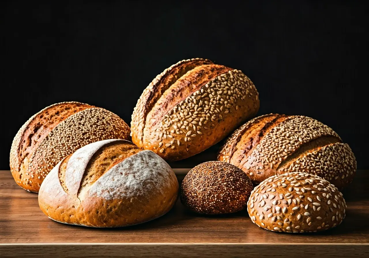 A variety of freshly baked keto bread loaves on a table. 35mm stock photo