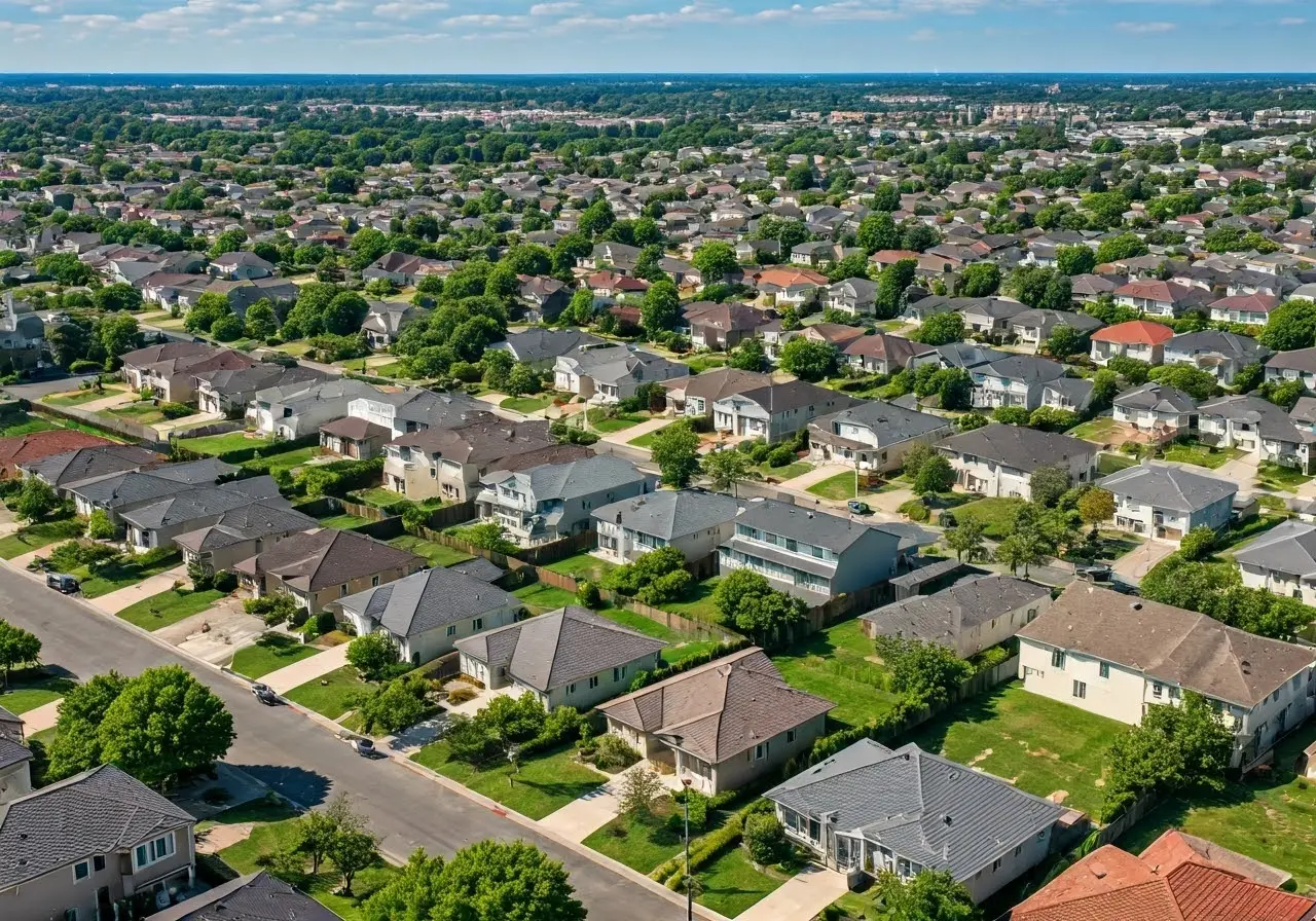 Aerial view of houses in a bustling real estate market. 35mm stock photo