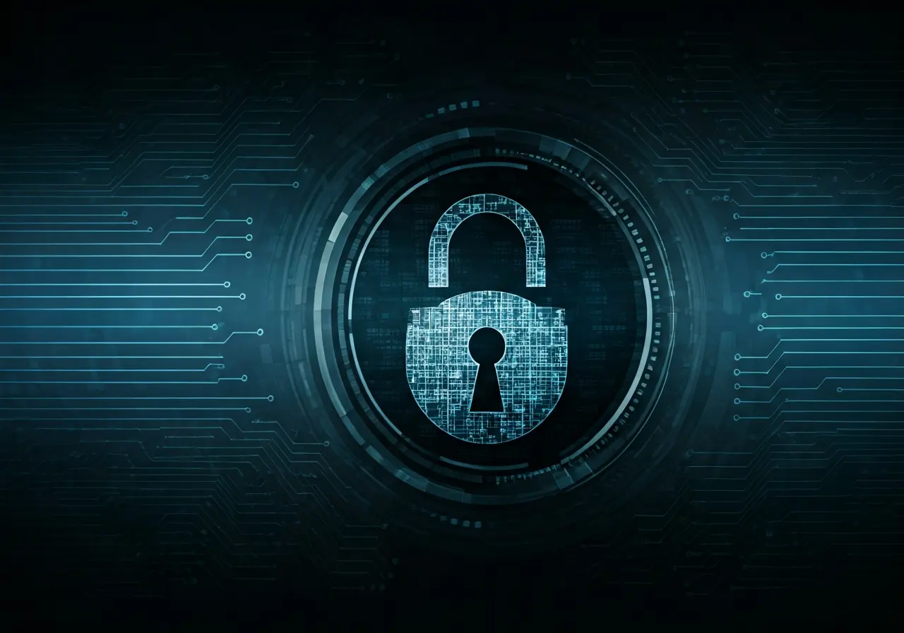 A digital lock symbol on a glowing circuit background. 35mm stock photo