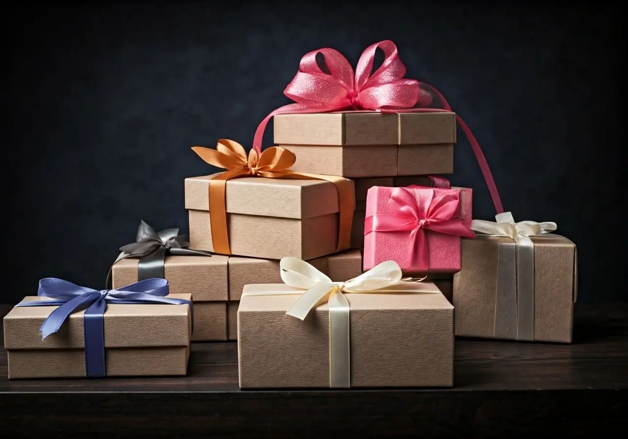 An elegant arrangement of personalized gift boxes with ribbons. 35mm stock photo