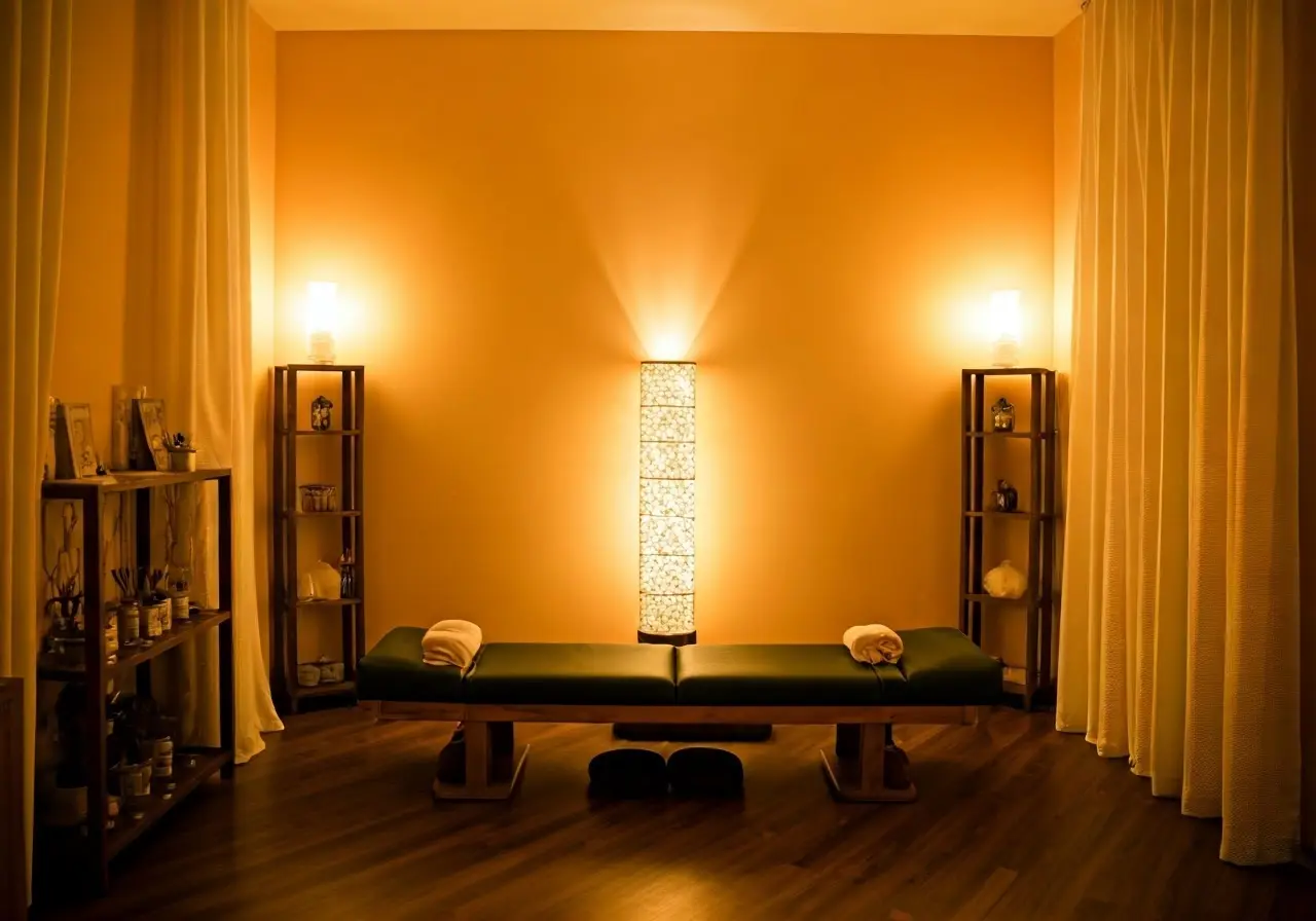 A serene acupuncture clinic with calming, soft lighting. 35mm stock photo
