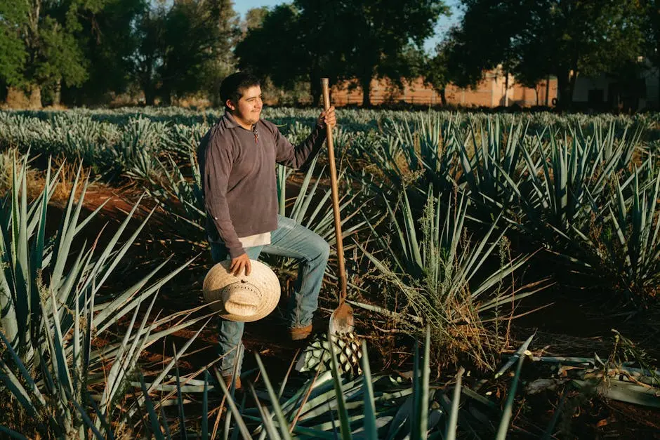 A farmer in Jalisco, Mexico, stands amidst agave plants in a tequila field during sunrise, showcasing agricultural tradition.