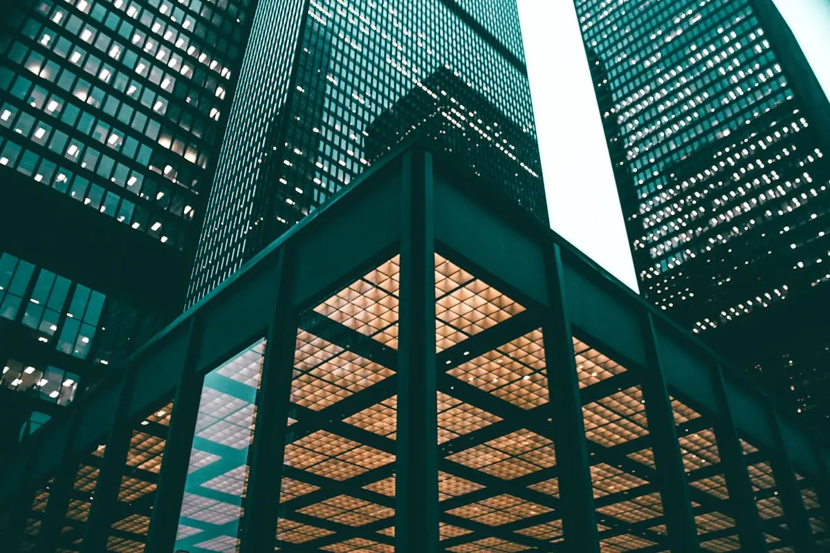 Low angle view of Toronto high-rises showcasing modern architectural design during daytime.
