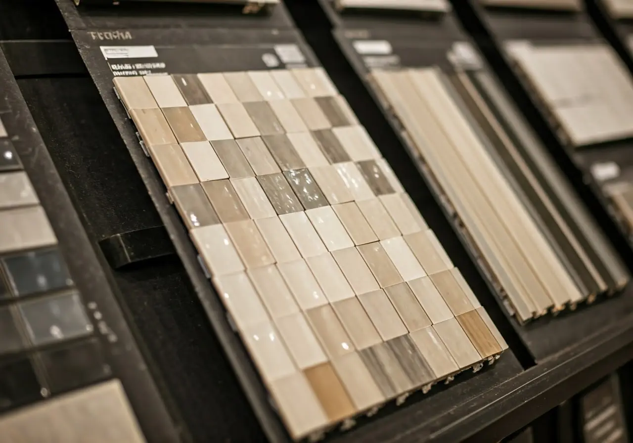 Close-up of various porcelain tile samples on display. 35mm stock photo