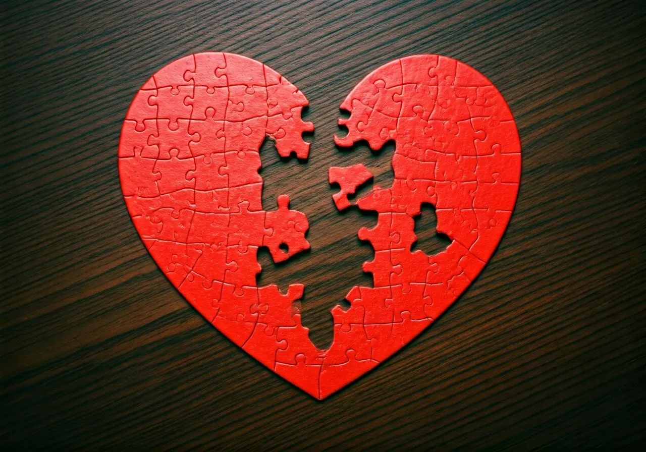 A broken heart puzzle with missing pieces on a table. 35mm stock photo