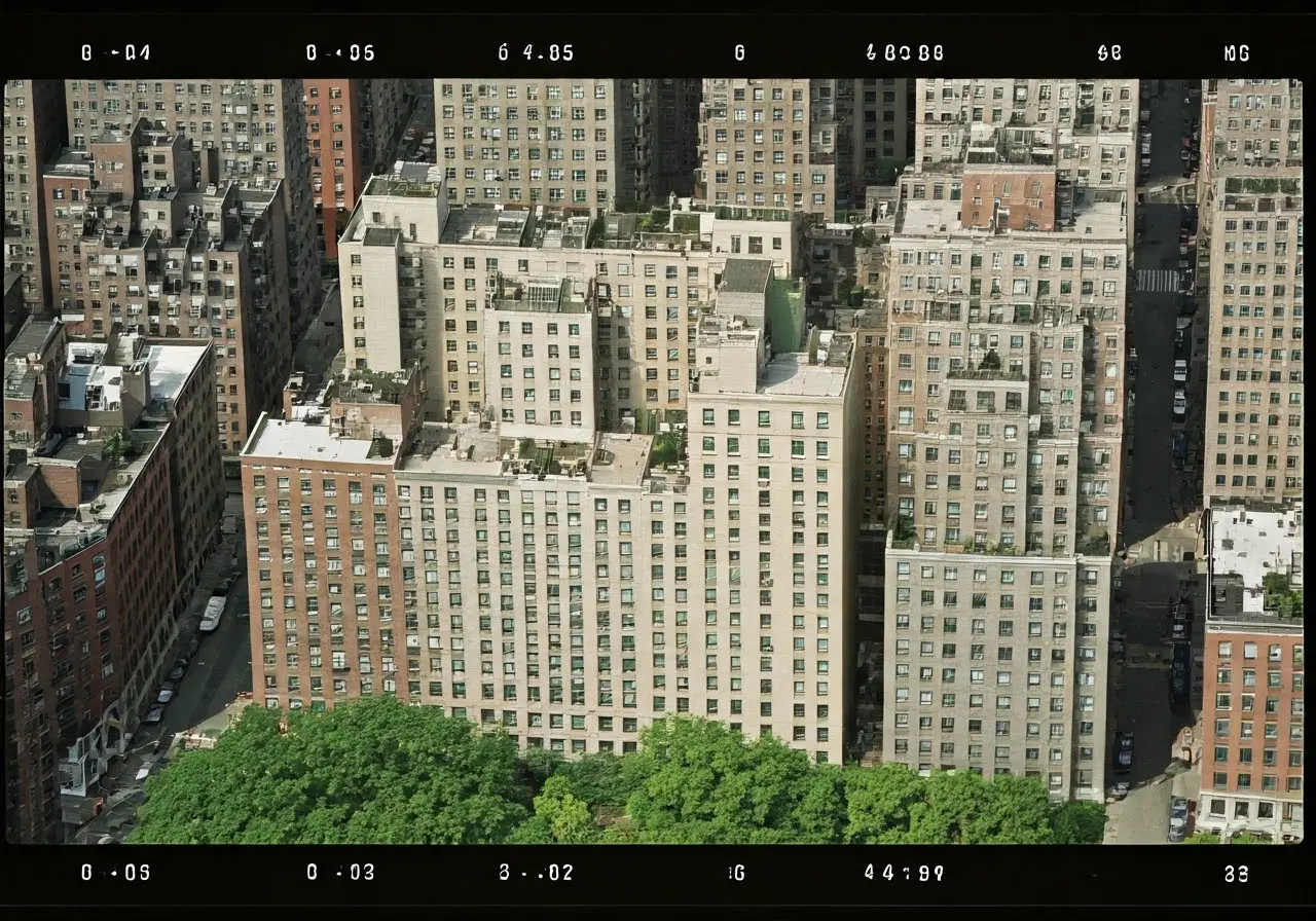 Aerial view of residential co-op buildings in New York City. 35mm stock photo