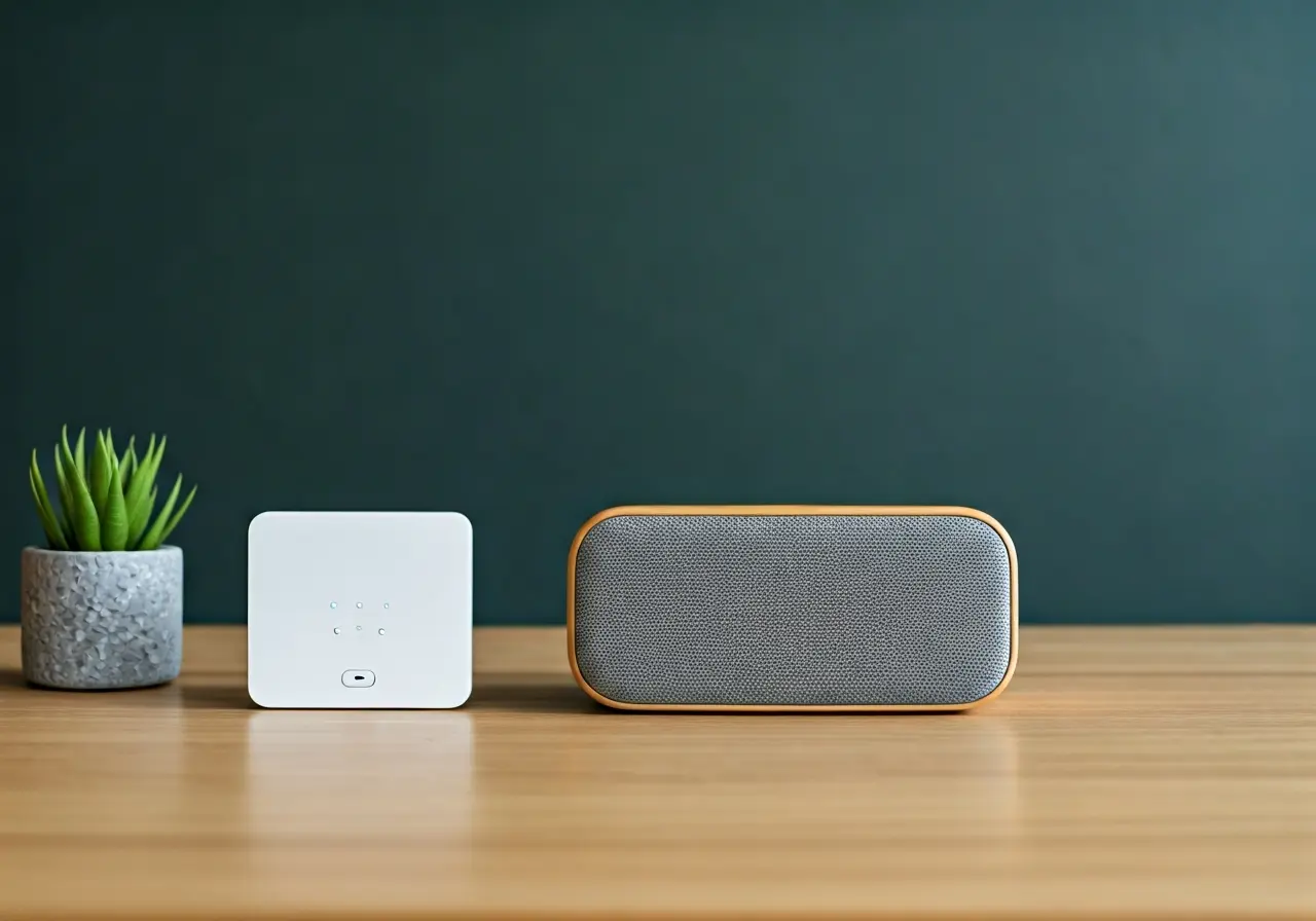 A modern living room with smart speaker and automation devices. 35mm stock photo