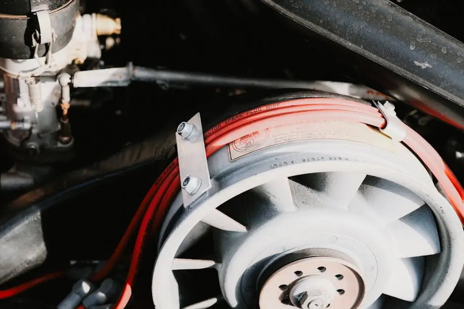 Detailed close-up of automotive engine parts with visible wires, showcasing engineering and machinery.