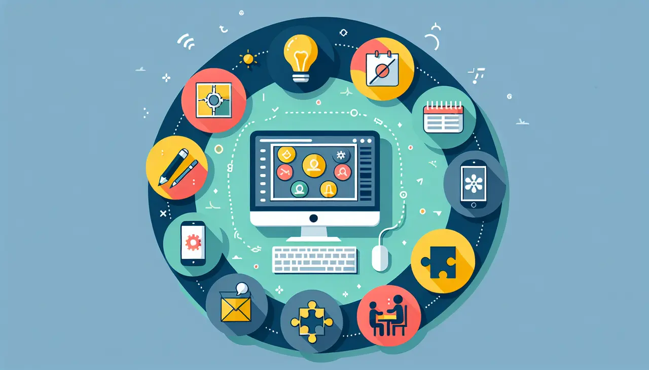 Draw a graphic in flat design style. A flat design illustration of a calm workspace with a laptop showing an app being developed, surrounded by icons of seven different skills like creativity, problem-solving, and communication, all arranged neatly.