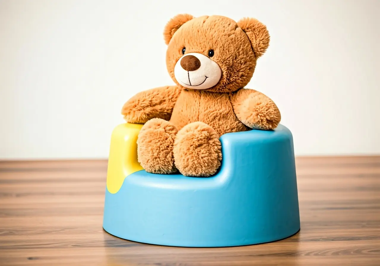 A colorful Bumbo seat with a smiling stuffed teddy bear. 35mm stock photo