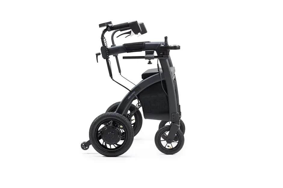 Sleek motorized wheelchair displayed on a white background, showcasing advanced design.