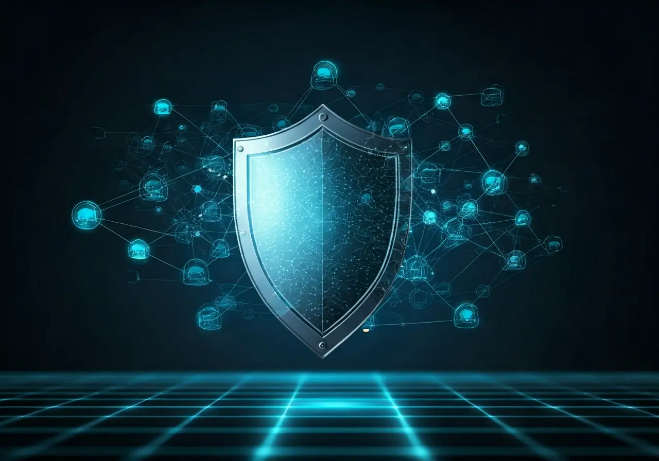 A digital shield protecting a network of interconnected devices. 35mm stock photo