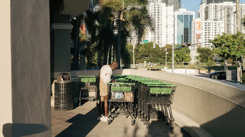 A man with shopping carts in a city backdrop, under sunlight, near high-rise buildings.
