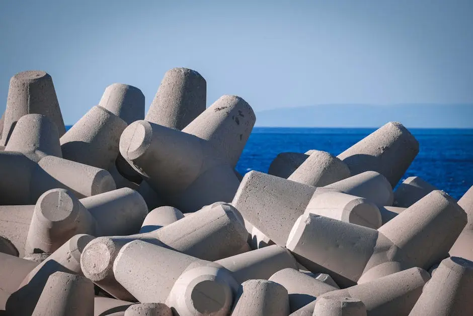 A stack of concrete dolosse on a breakwater protecting the shoreline from ocean waves.
