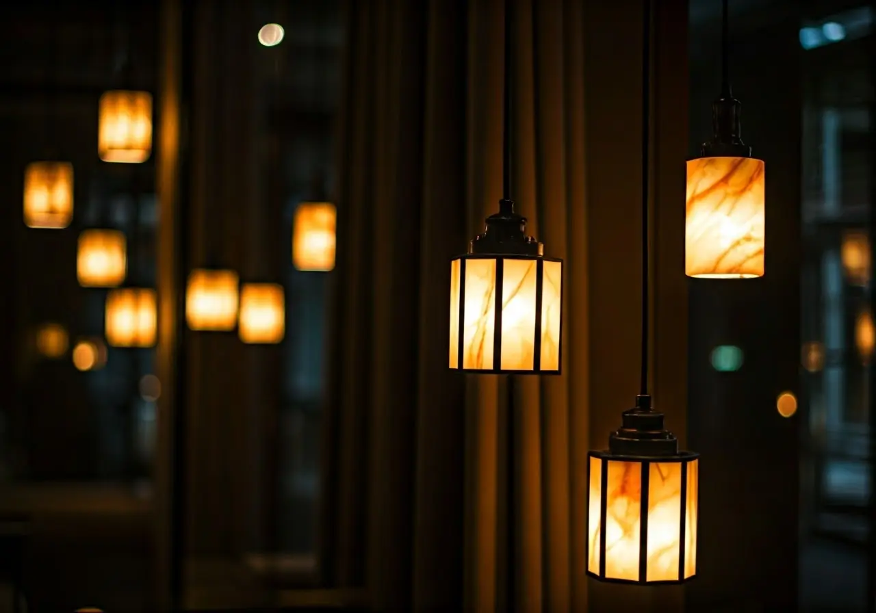 A dimly lit modern room featuring elegant onyx lighting fixtures. 35mm stock photo