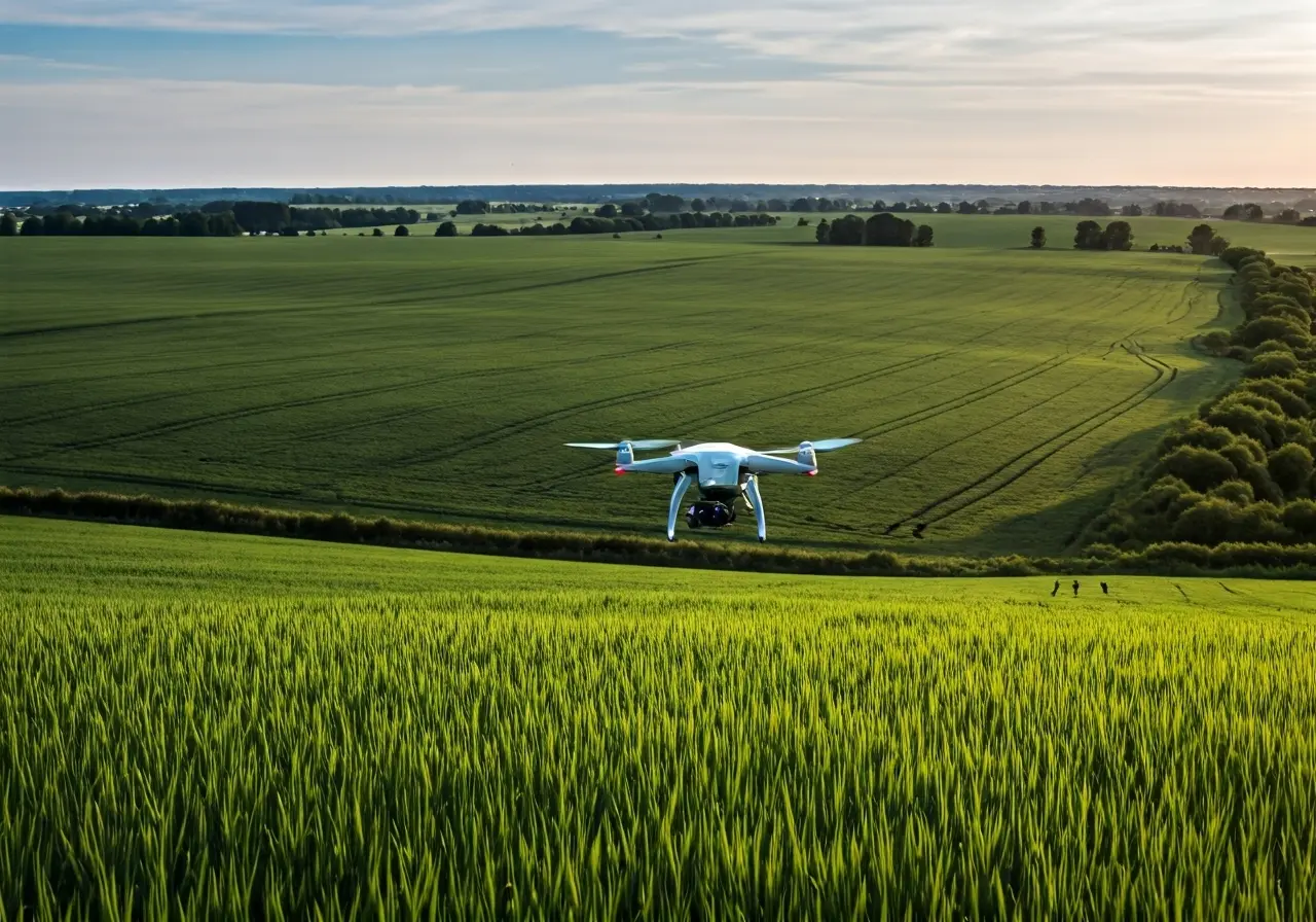 A drone hovers above a lush, green farmland landscape. 35mm stock photo
