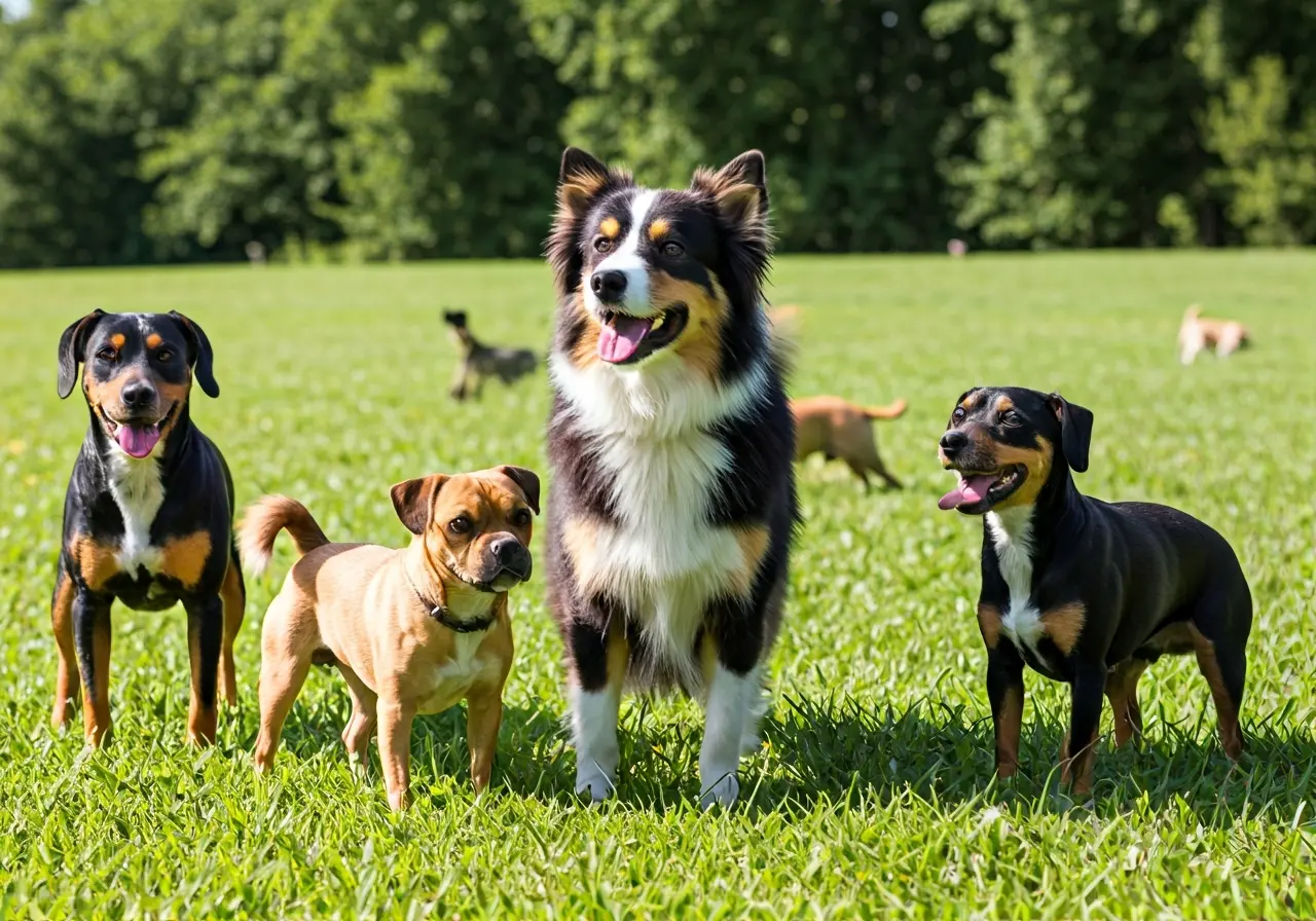 A variety of dog breeds playing together in a park. 35mm stock photo