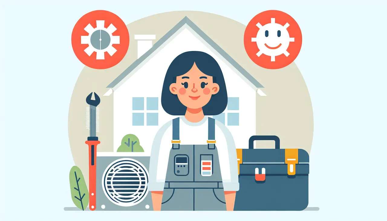 Draw a graphic in flat design style. Illustration of a friendly HVAC technician in uniform standing next to a toolbox with a house in the background, emphasizing air conditioning and heating symbols.