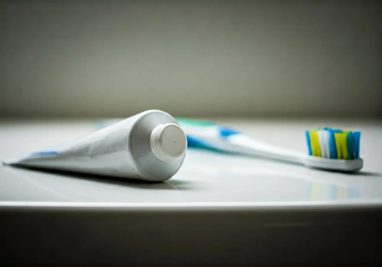 A toothpaste tube and toothbrush on a white bathroom counter. 35mm stock photo