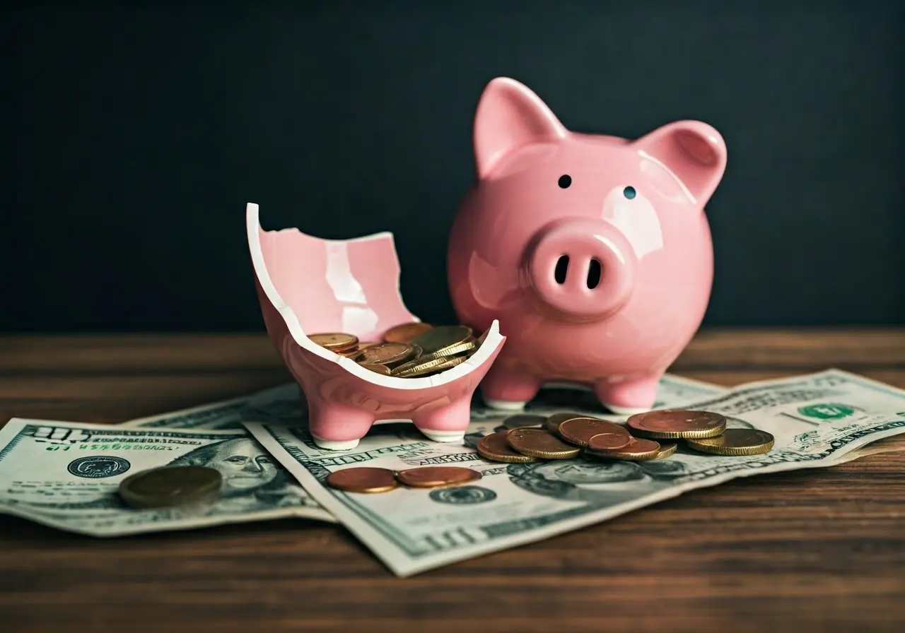 A broken piggy bank beside scattered medical bills and coins. 35mm stock photo