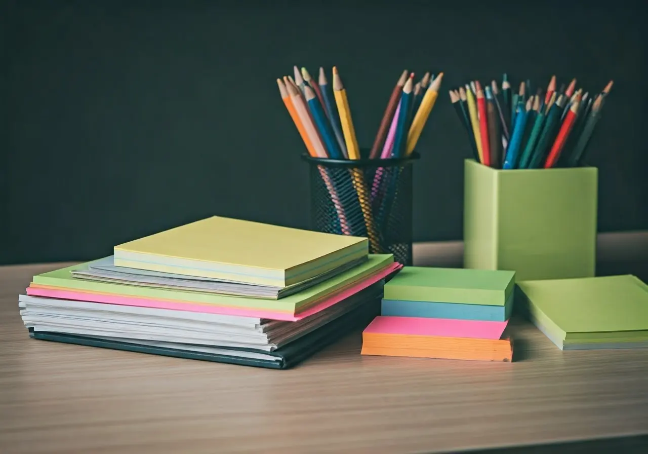 A neatly organized desk with colorful sticky notes and pens. 35mm stock photo