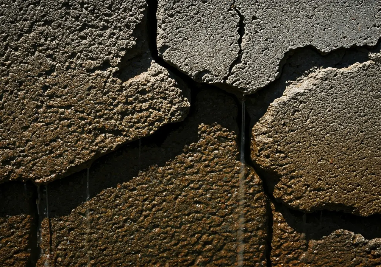 Close-up of water seeping through cracked concrete foundation wall. 35mm stock photo