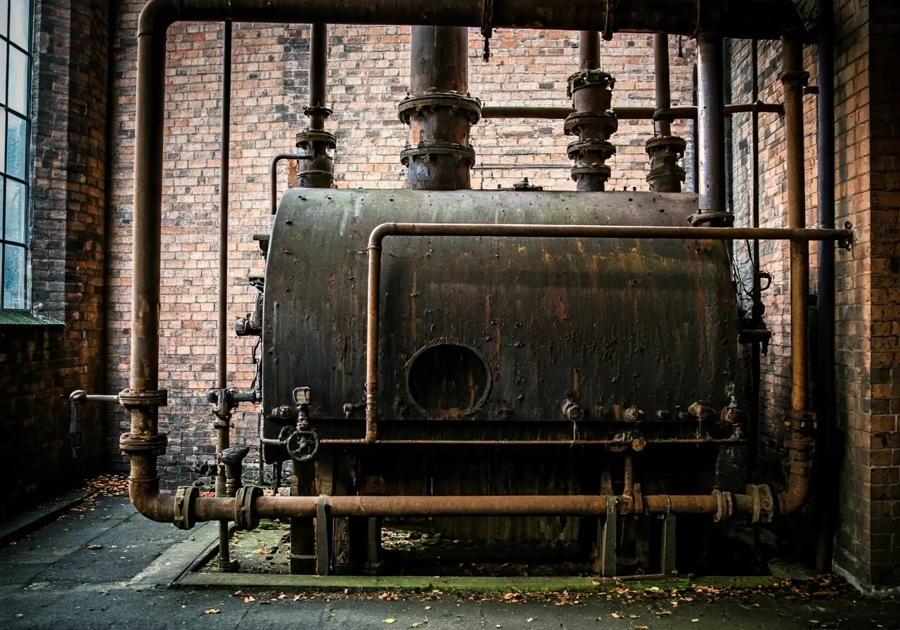 A worn-out boiler with rust and steam in Glasgow. 35mm stock photo