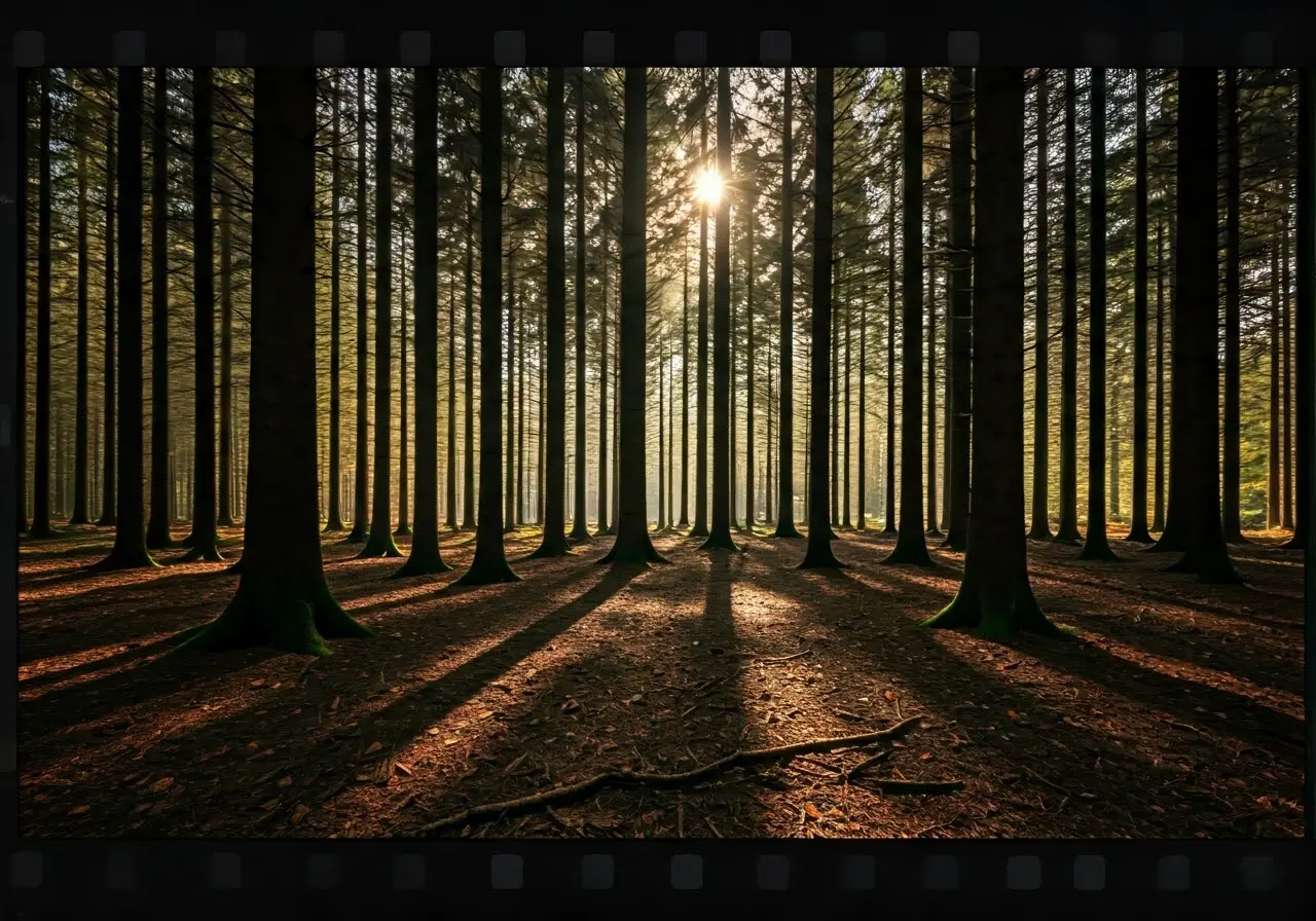 A serene forest with dappled sunlight filtering through trees. 35mm stock photo