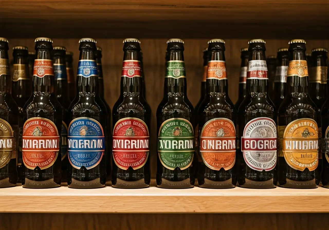 Rows of colorful non-alcoholic beer bottles on a wooden shelf. 35mm stock photo