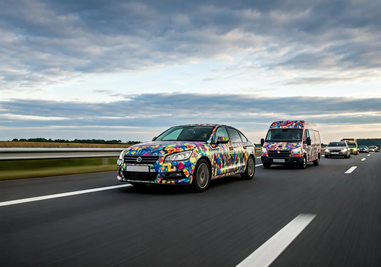A vibrant fleet of wrapped vehicles driving down a highway. 35mm stock photo