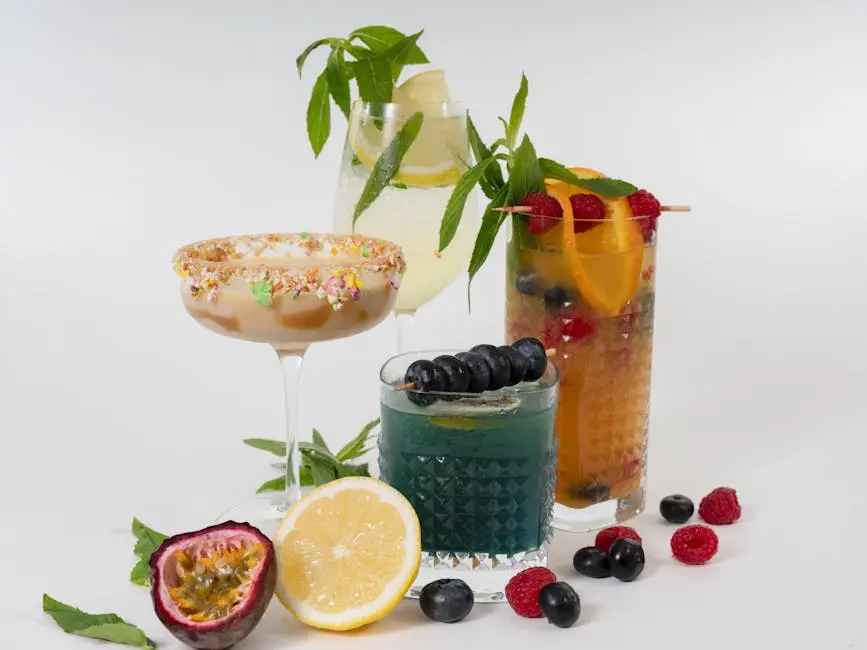 A vibrant display of refreshing fruit juices with fresh ingredients around.