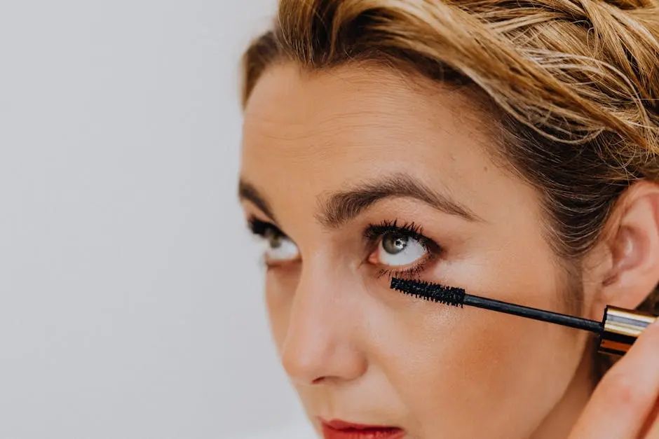 Close-up shot of a woman applying mascara, showcasing elegance and beauty.
