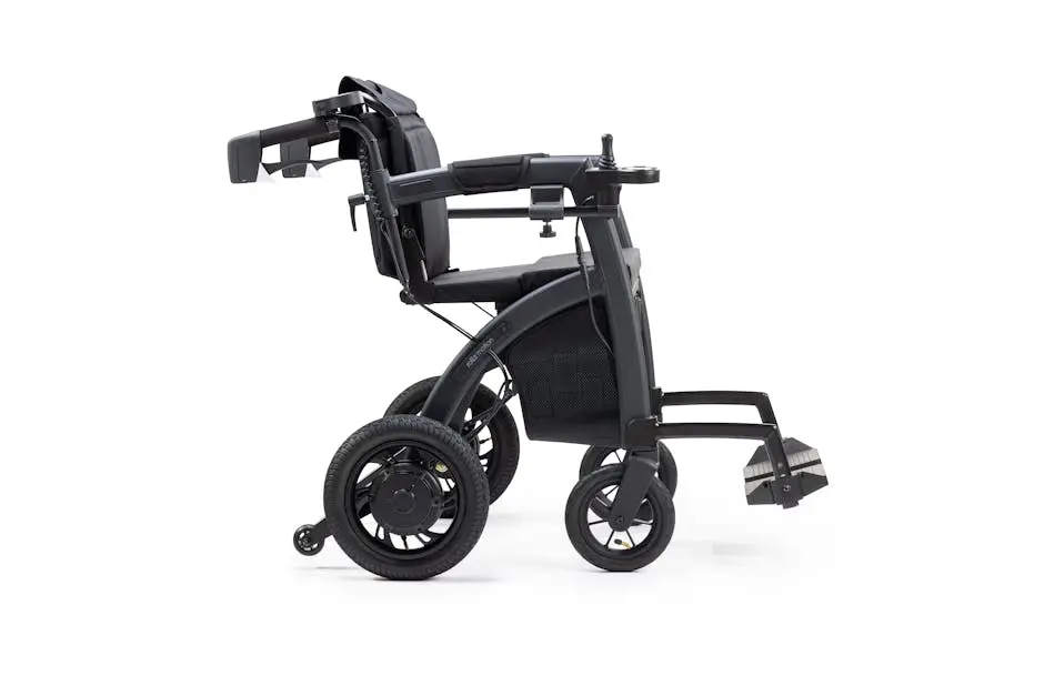 A sleek, modern motorized wheelchair with a functional design, ideal for accessibility needs.