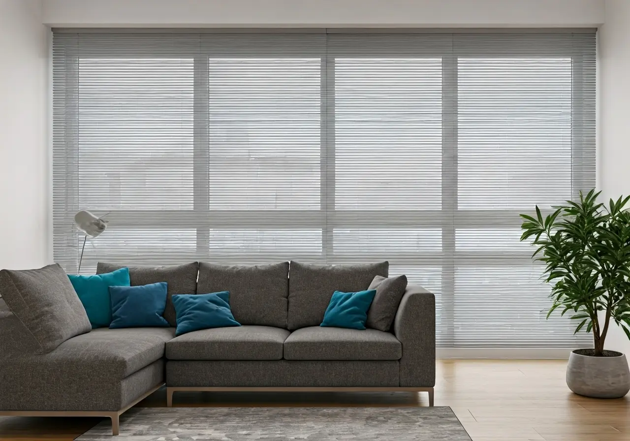 A modern living room with automated smart window shades. 35mm stock photo