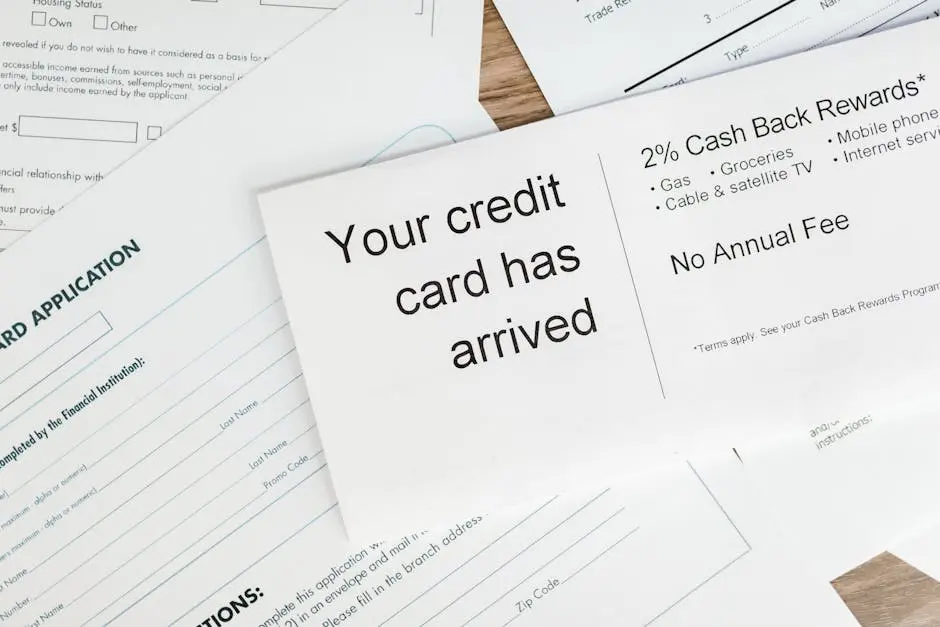 Close-up of a letter announcing the arrival of a credit card amidst financial documents.