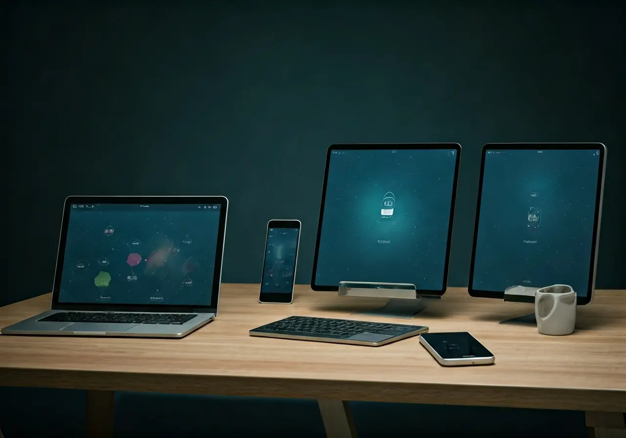 Sleek home office with multiple connected smart devices on display. 35mm stock photo