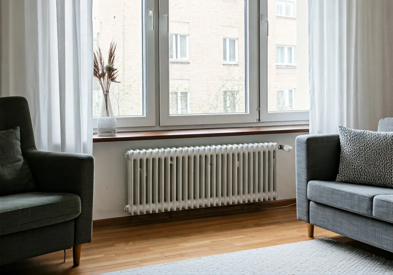 A cozy living room with a modern radiator under window. 35mm stock photo
