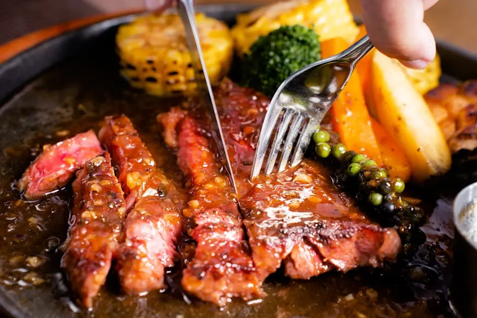 Juicy steak with grilled vegetables served hot and fresh, perfect for a hearty meal.