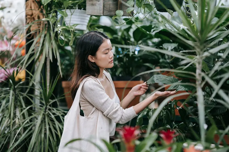 Asian woman browsing indoor plants and flowers in a tranquil greenhouse setting.
