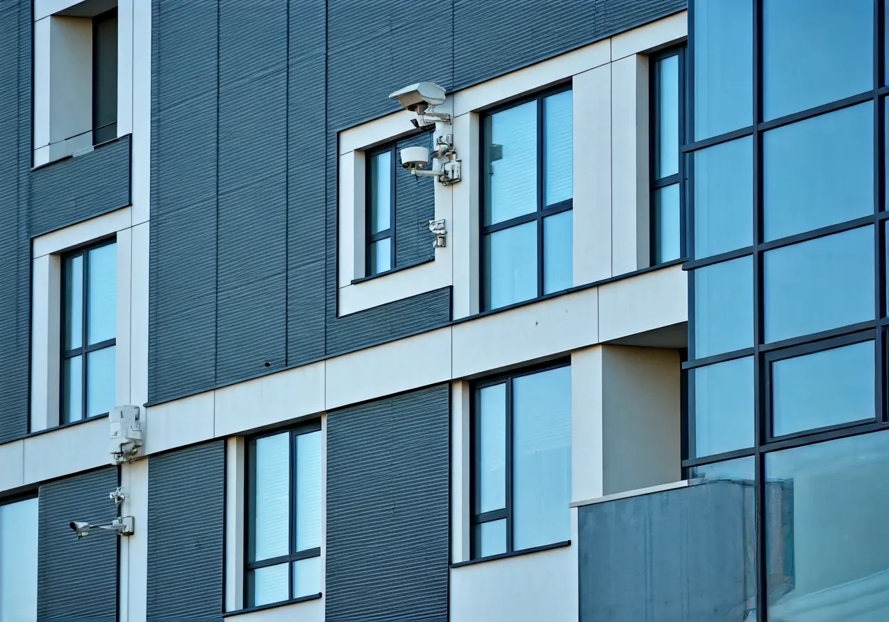 A modern commercial building with surveillance cameras installed outside. 35mm stock photo