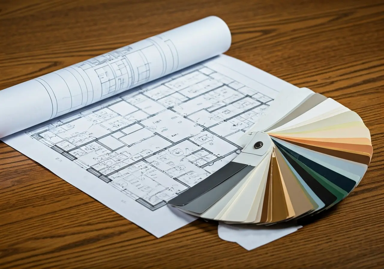 A blueprint and paint swatches on a wooden table. 35mm stock photo