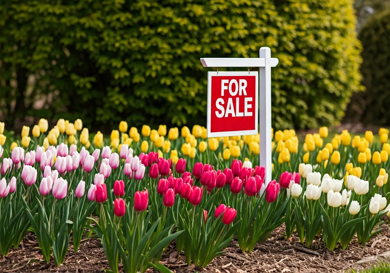 A blooming garden with a For Sale sign in spring. 35mm stock photo