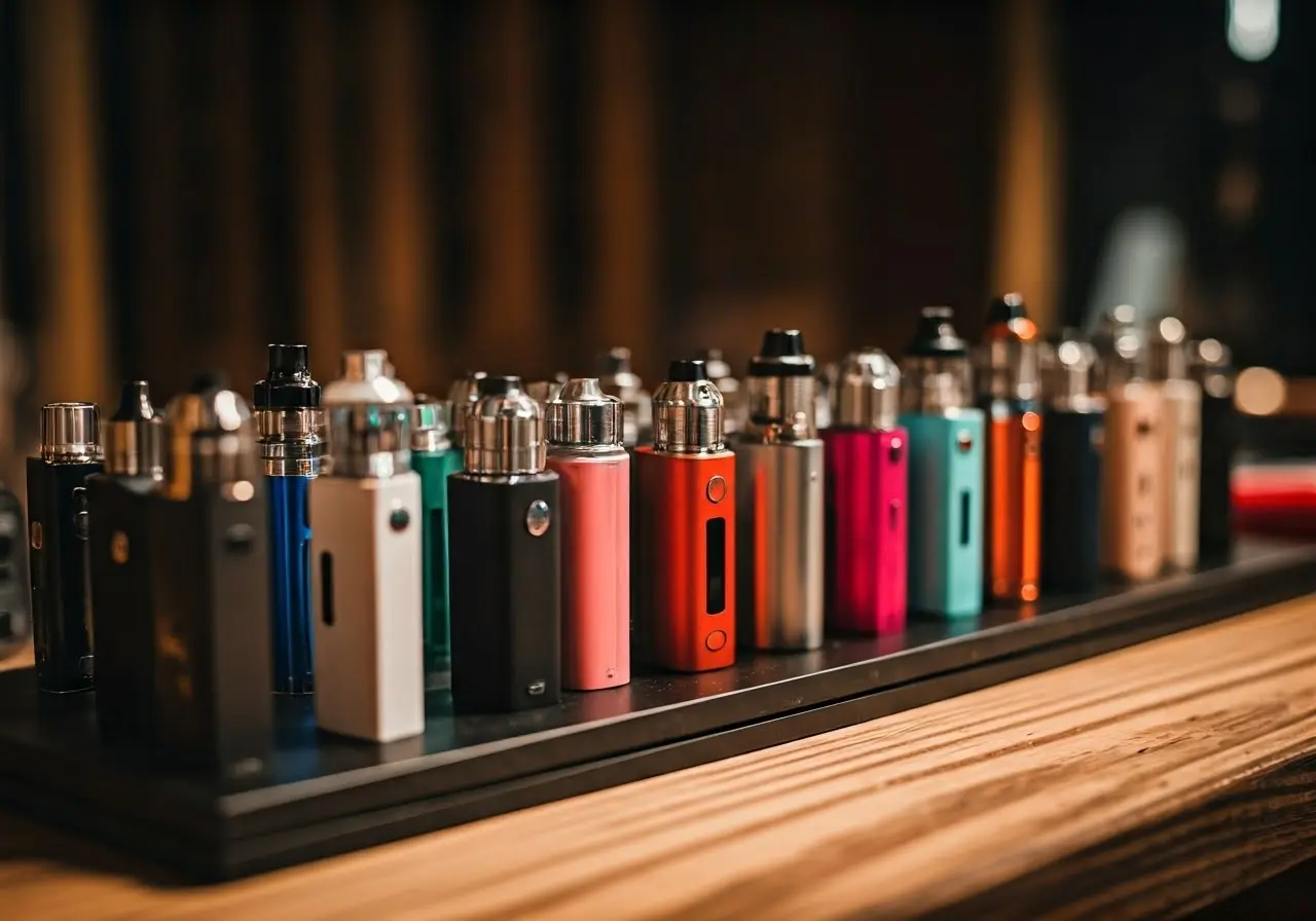 A variety of colorful e-cigarettes displayed on a wooden counter. 35mm stock photo