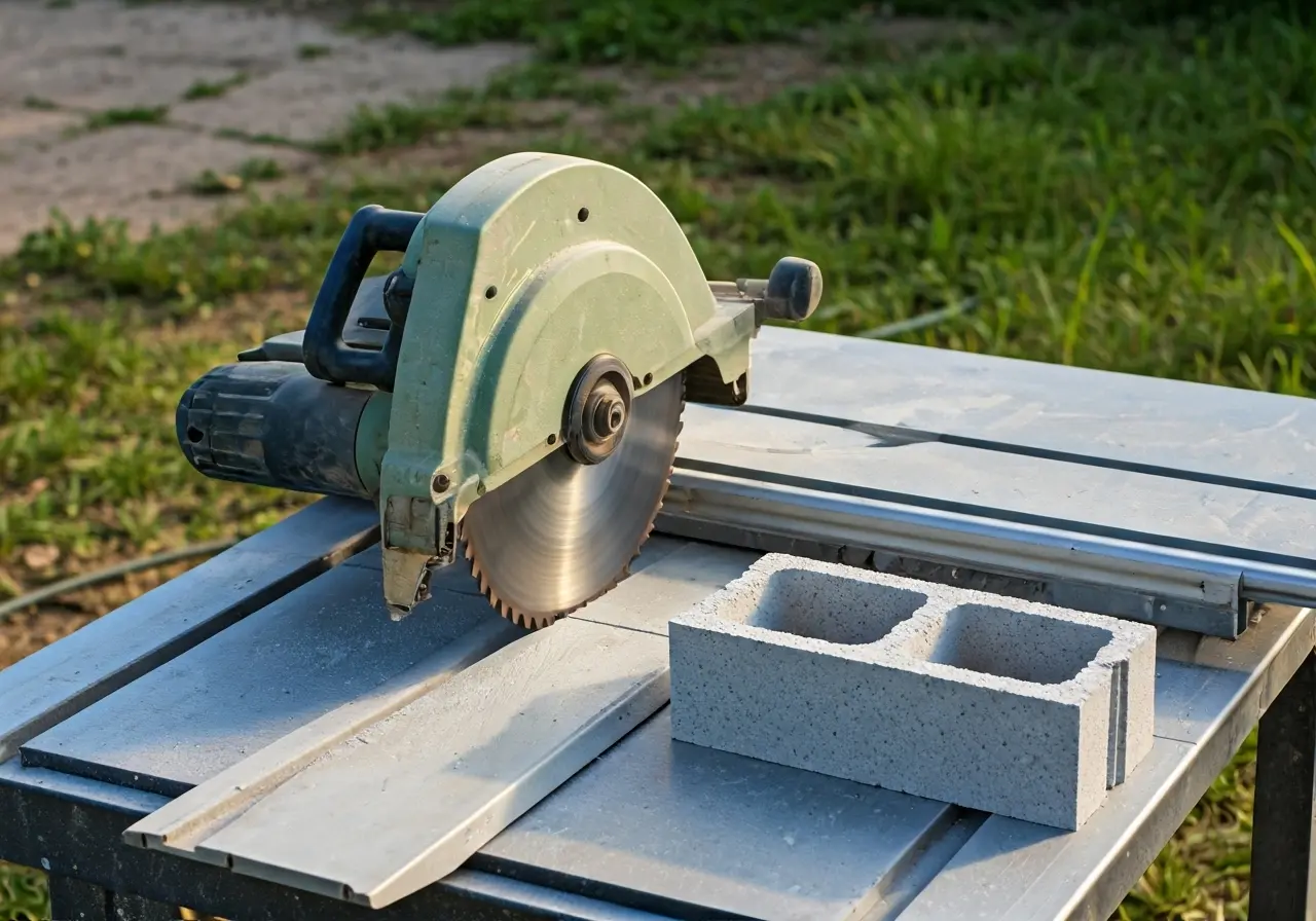 A modern table saw cutting through a masonry block. 35mm stock photo