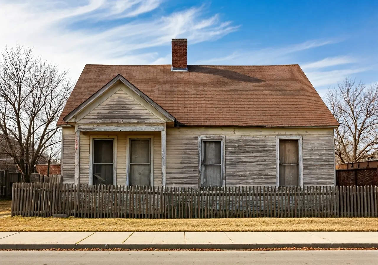 A neglected house exterior with a For Sale sign. 35mm stock photo