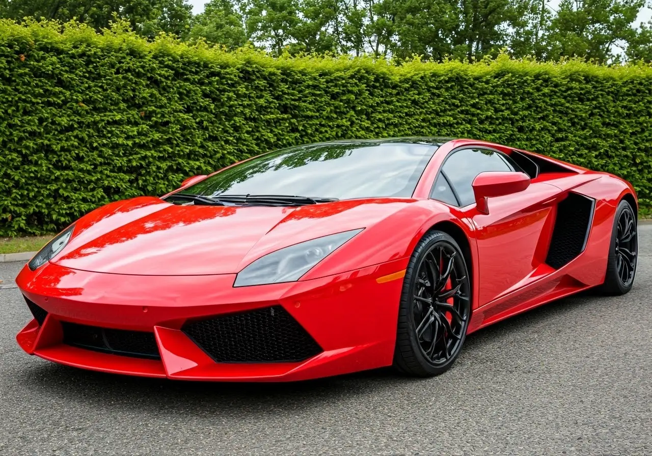 A sleek, shiny red exotic car in pristine condition. 35mm stock photo