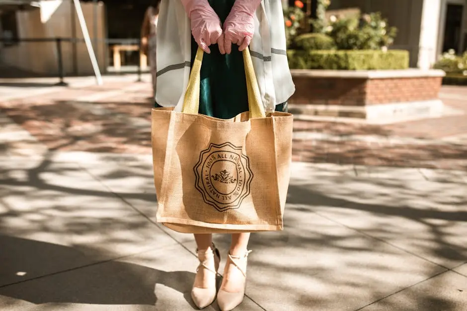 A woman stands on a sunny sidewalk, holding an eco-friendly tote bag with pink gloves.