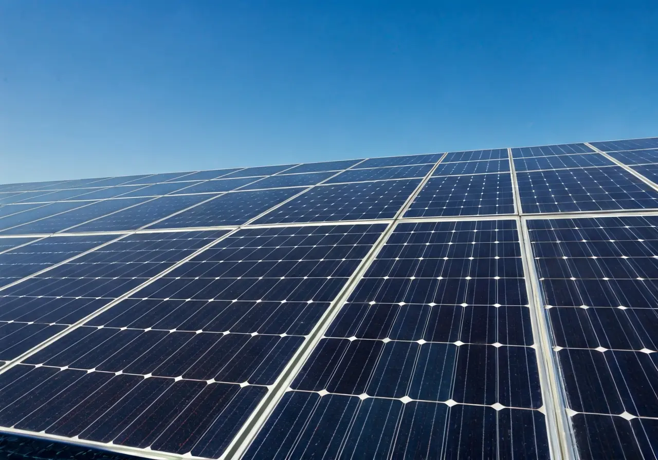 Solar panels glistening under a bright, clear blue sky. 35mm stock photo