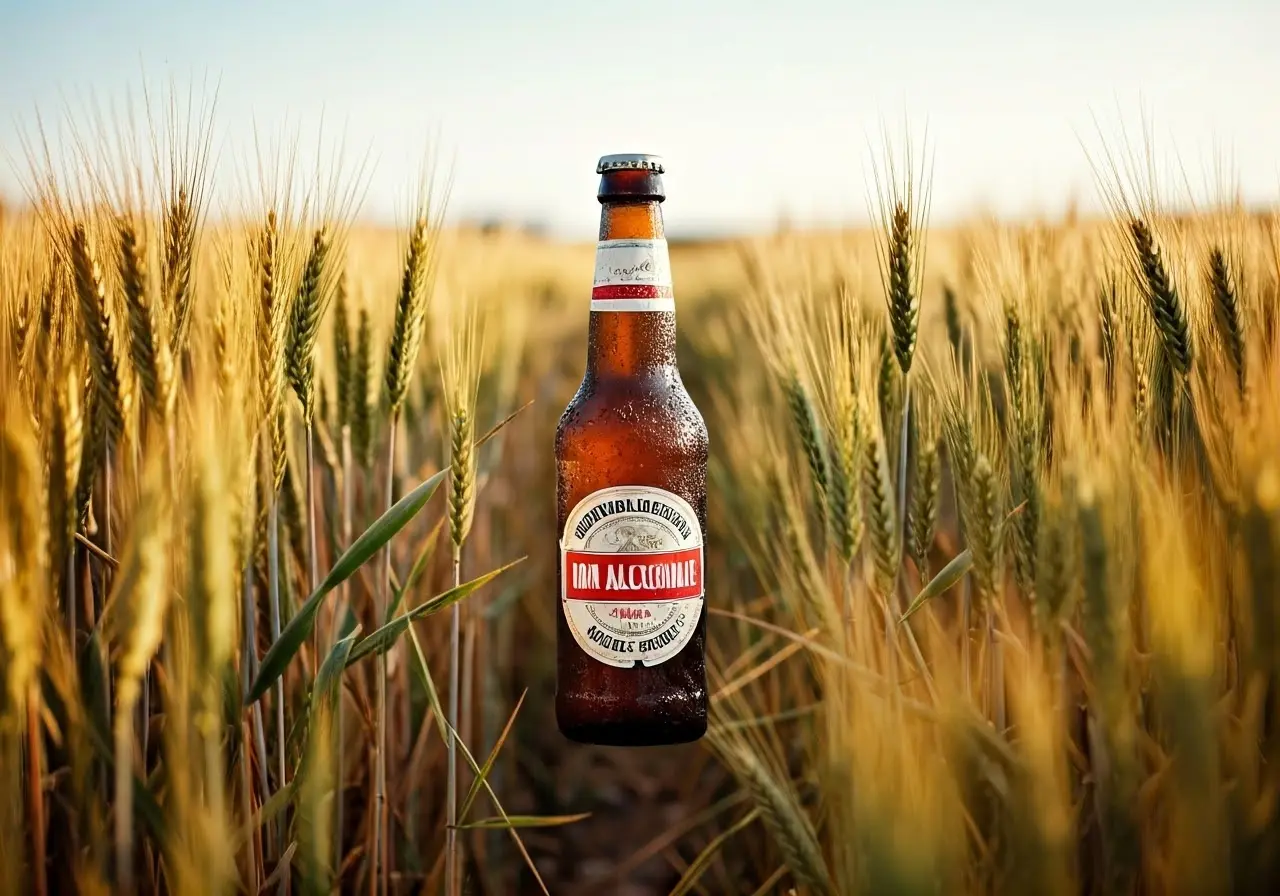 A frosty beer bottle labeled Non-Alcoholic amid wheat fields. 35mm stock photo