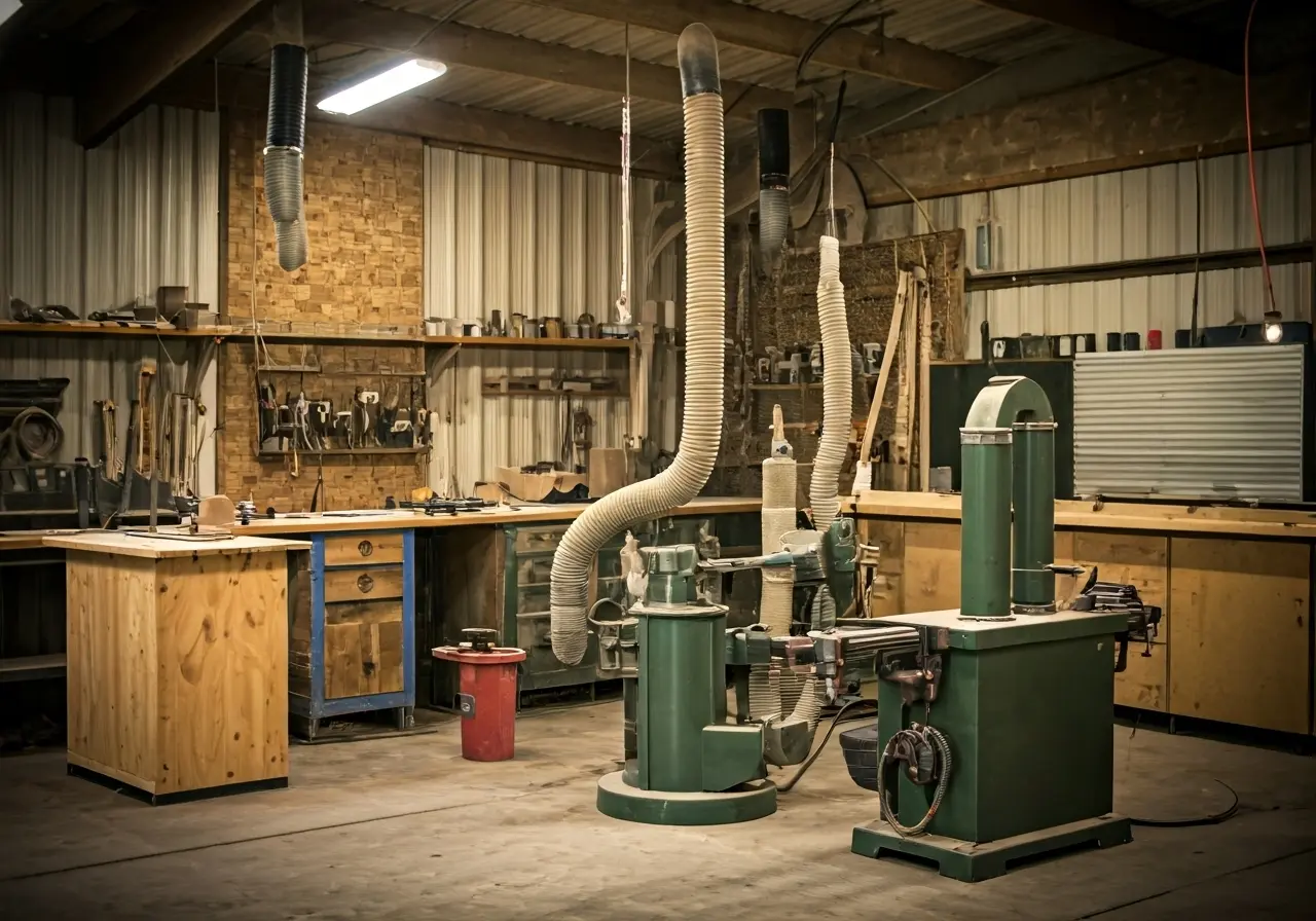 A well-organized workshop with an efficient dust collection system. 35mm stock photo